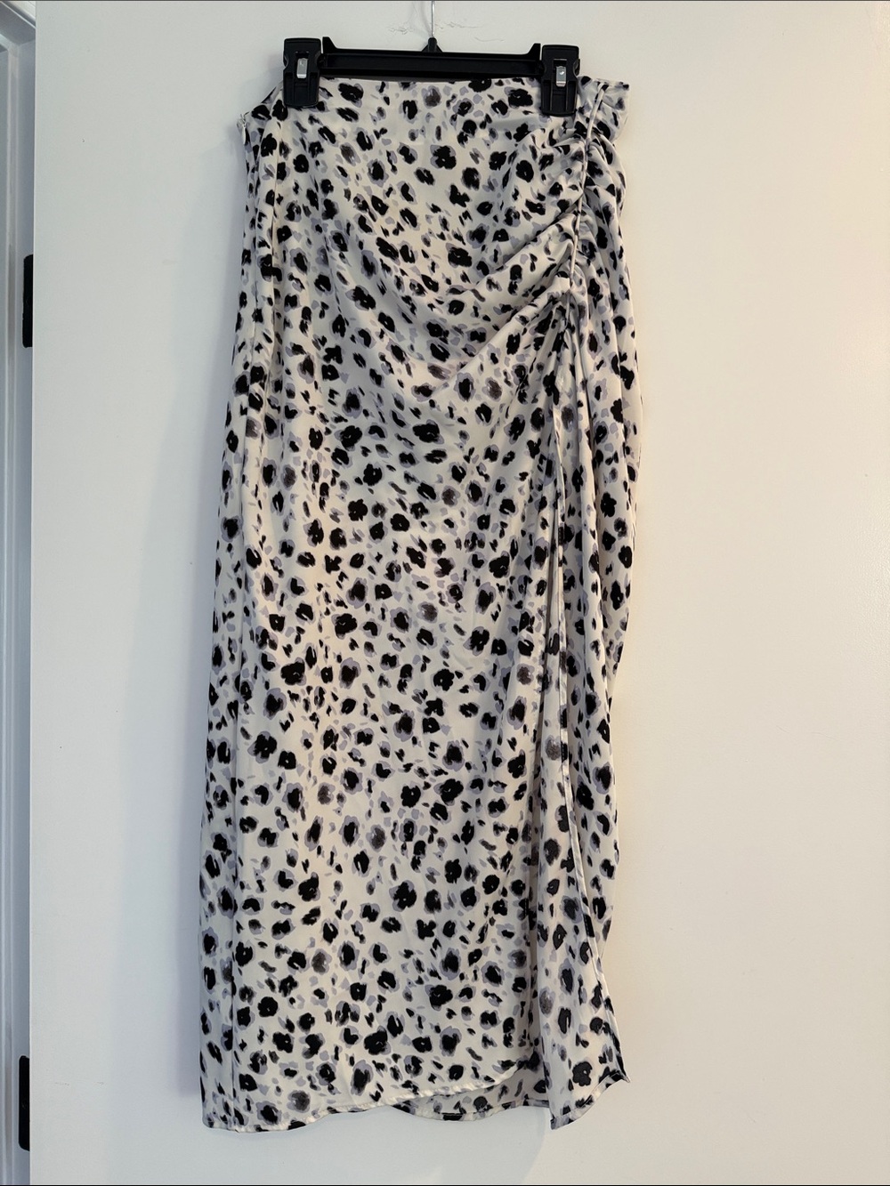 Draped Silky Leopard Print Midi Skirt with slit - Black on Cream